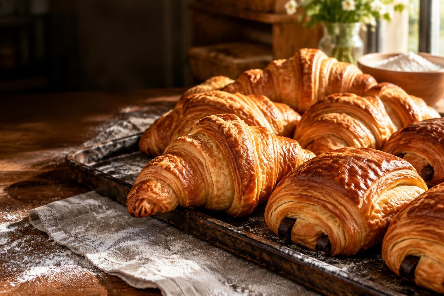 Illustrative golden croissants and chocolate pastries fresh from a sunlit bakery oven