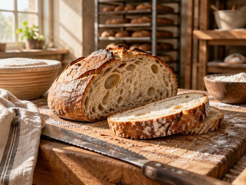 Illustrative sliced sourdough loaf with an airy crumb