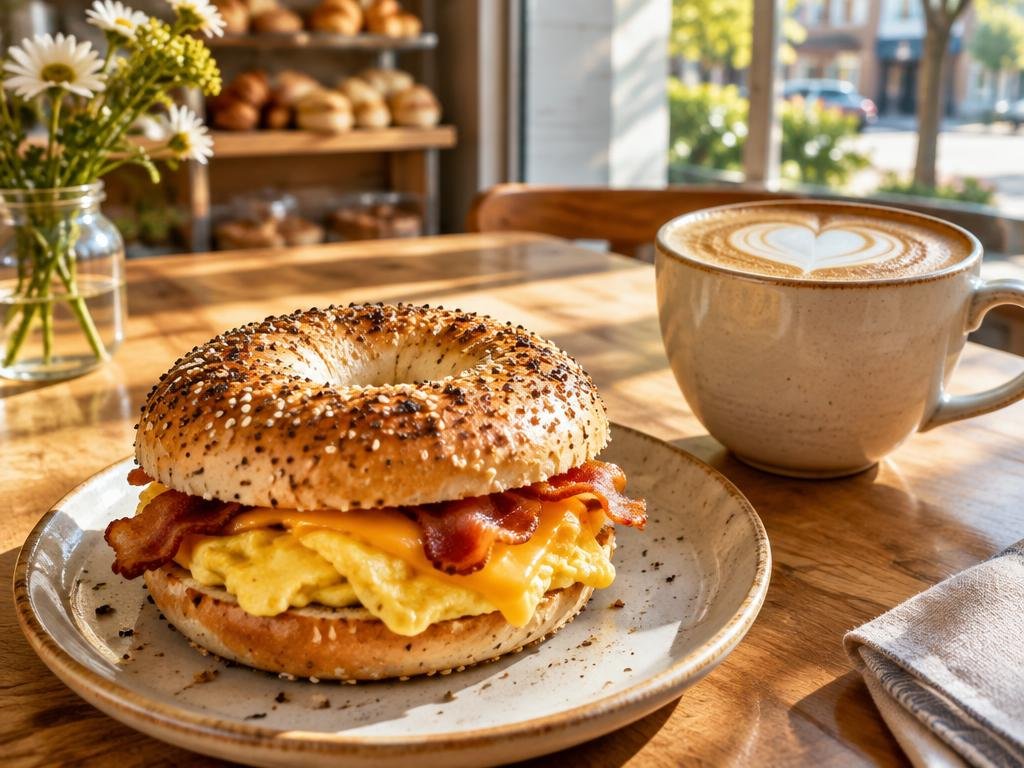 Illustrative egg and cheese bagel sandwich beside a cappuccino