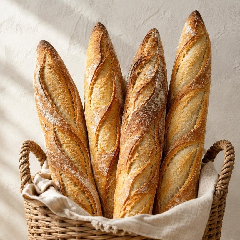 Illustrative golden baguettes in a bakery basket