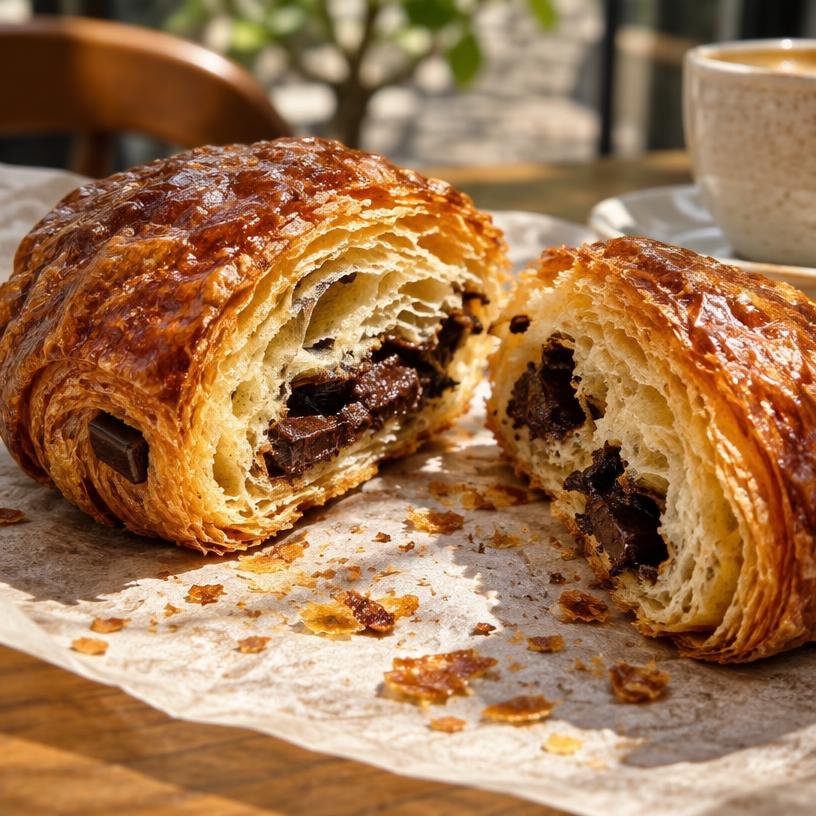 Illustrative pain au chocolat revealing buttery layers