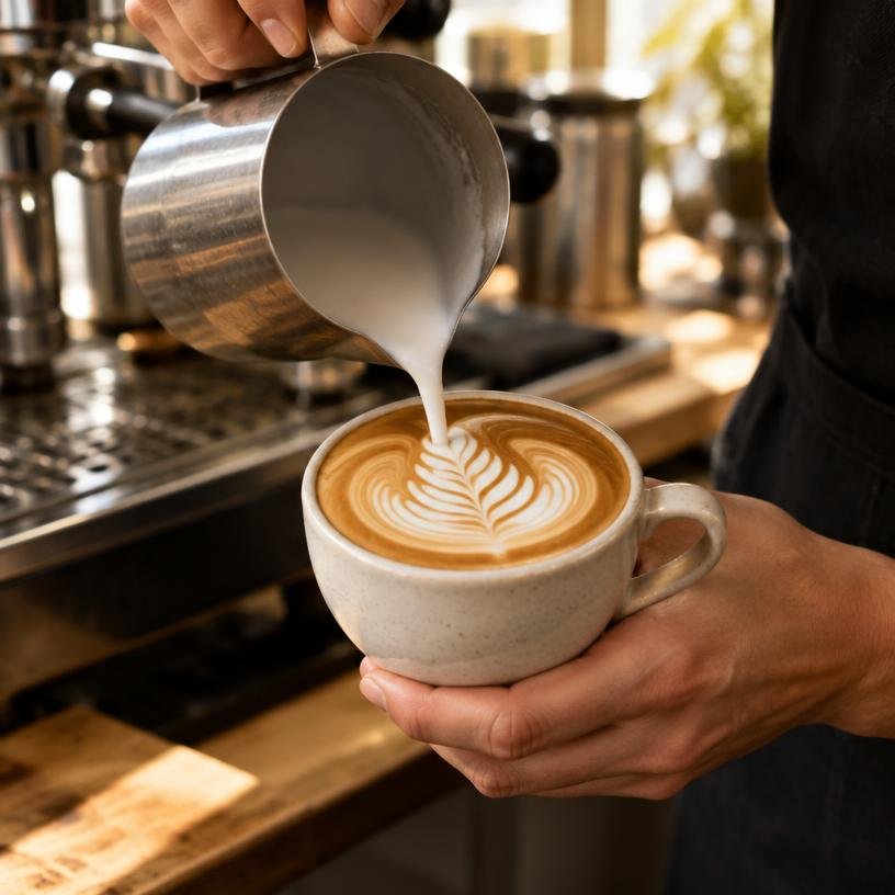 Illustrative barista pouring rosetta latte art