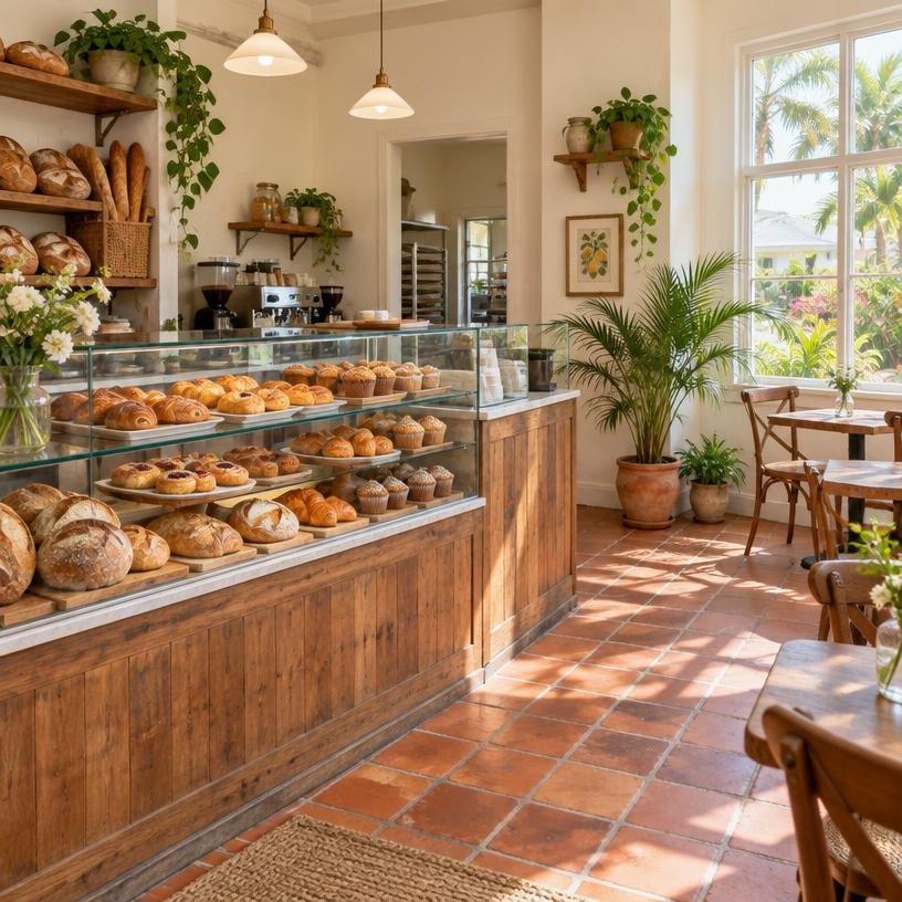 Illustrative sunlit bakehouse interior and pastry counter