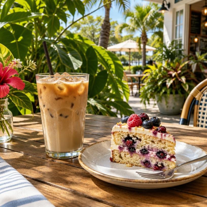 Illustrative iced latte and berry cake on a Florida patio